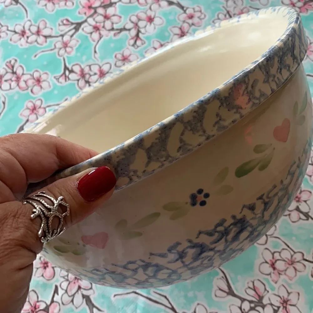 Blue Spongeware Large Mixing Bowl Pottery Floral Stencil
